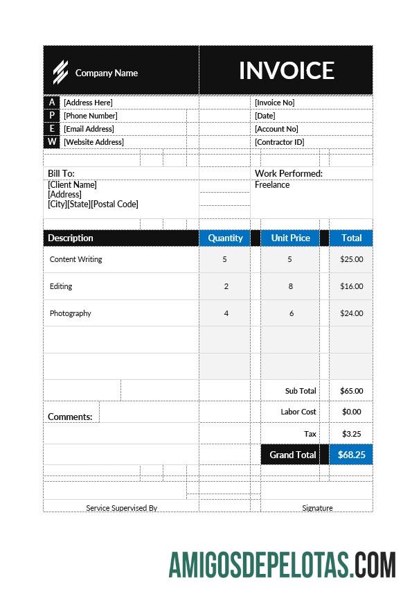 em branco Modelo de fatura de empreiteiro autônomo